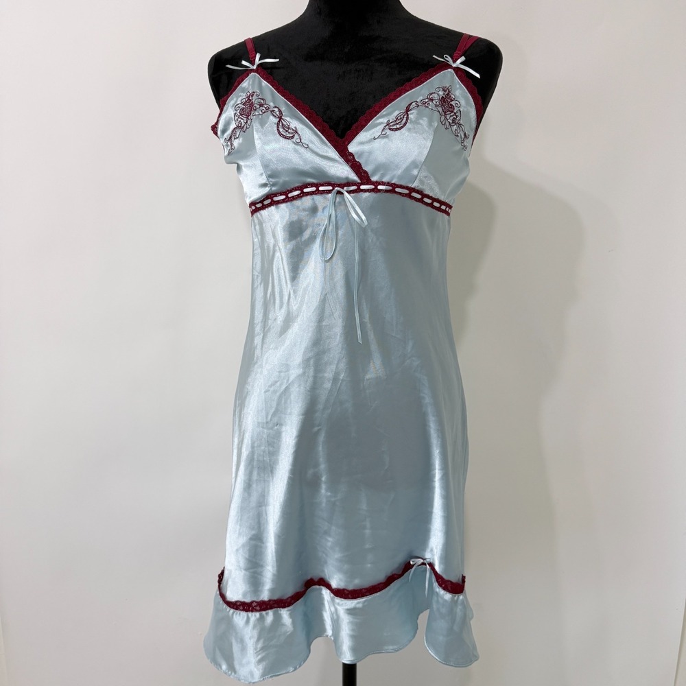 Dream Girl Satin Babydoll Slip Dress M‎ Blue Coquette Fairy Embroidered Ribbons